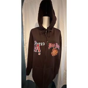 ROMWE Men's XL Brown Varsity Jacket Zip-Up Hoodie Graphic Streetwear
